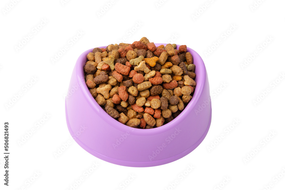 Animal food in a bowl is isolated on a white background. Animal food in a bowl is isolated on a white background.