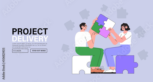 People hold jigsaw puzzle. Concept of business delivery or solution, teamwork and project realization, office or team corporate work organisation management. Characters fulfill tasks together.