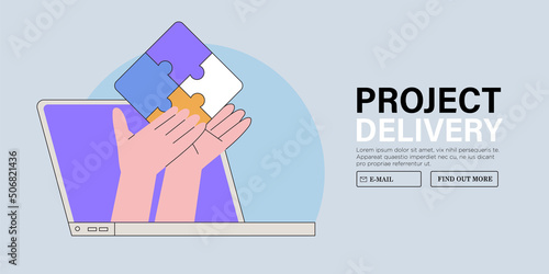 People hold jigsaw puzzle. Concept of business delivery or solution, teamwork and project realization, office or team corporate work organisation management. Characters fulfill tasks together.