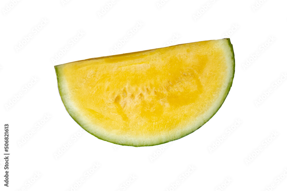slice of fresh ripe yellow watermelon isolated on white background