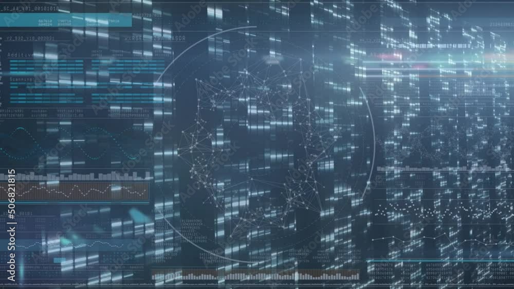 Animation of red pattern and data processing over computer servers Animation of red pattern and data processing over computer servers