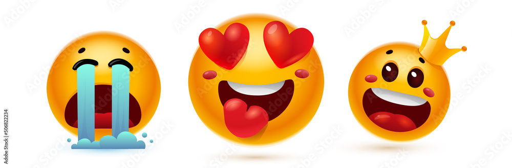 Vector set of illustration of different cry and happy yellow color smile emoticon with open mouth, tear, heart and crown on white background. 3d style design of fun laugh and cry emoji Vector set of illustration of different cry and happy yellow color smile emoticon with open mouth, tear, heart and crown on white background. 3d style design of fun laugh and cry emoji