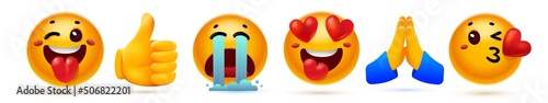 Vector set of illustration of different yellow color smile emoticon with heart and tear. Hand with thumb up and hand pray on white background. 3d style design of fun laugh emoji