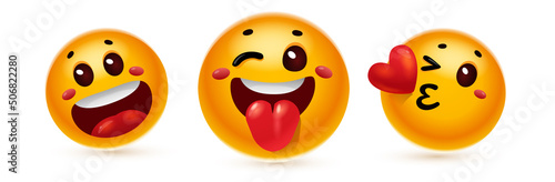 Vector set of illustration of different happy yellow color smile emoticon with open mouth, heart and tongue on white background. 3d style design of fun laugh emoji