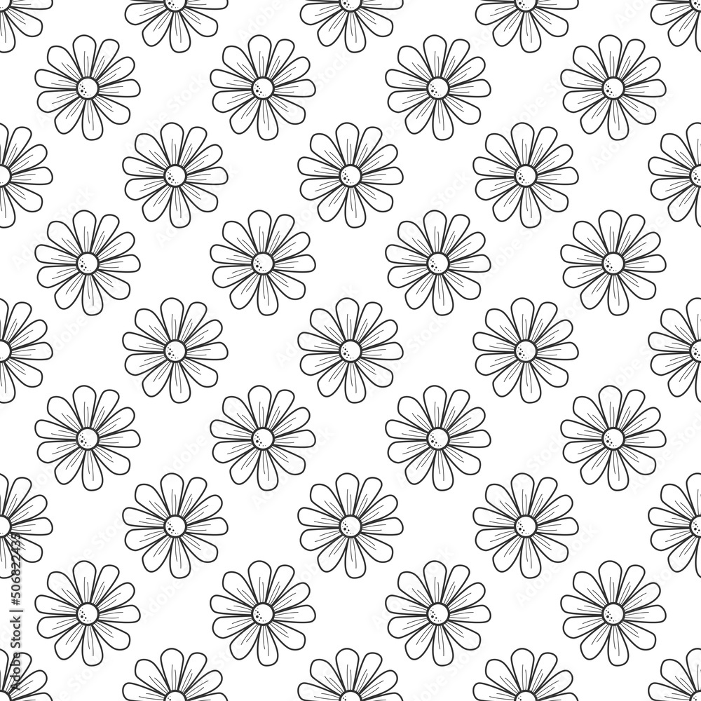 Seamless pattern with camomile or daisy black flowers. flat blossoms on white background. Symmetric wallpaper. Nature eco ornament for print.