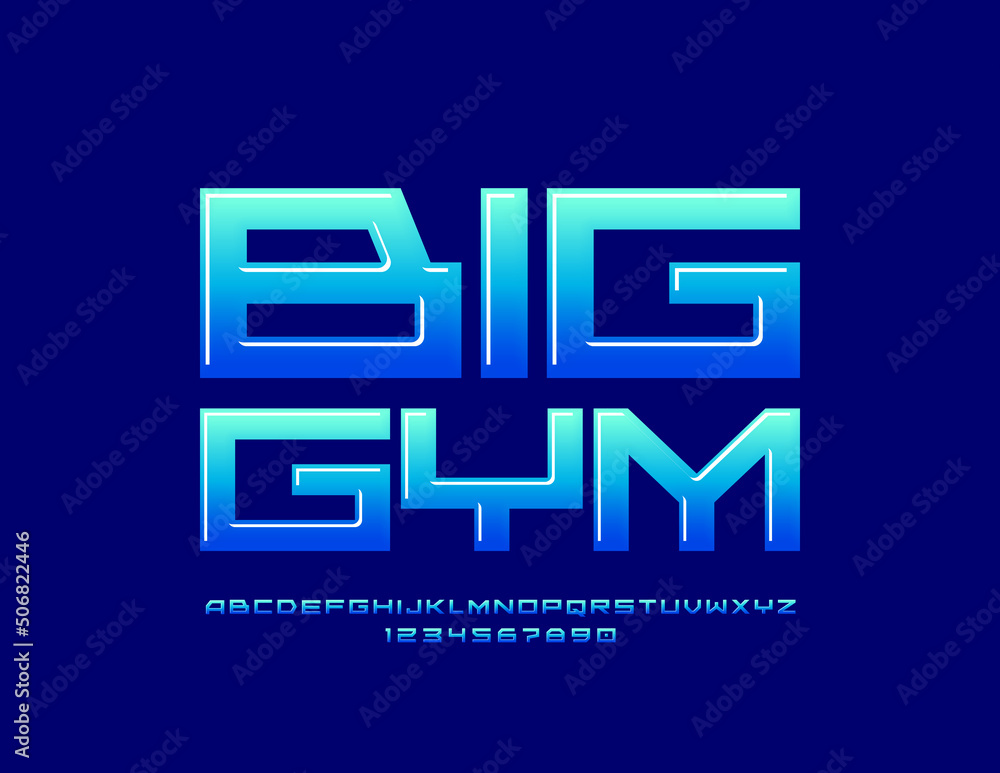 Vector creative sign Big Gym. Modern Glossy Font. Artistic Alphabet Letters and Numbers Vector creative sign Big Gym. Modern Glossy Font. Artistic Alphabet Letters and Numbers