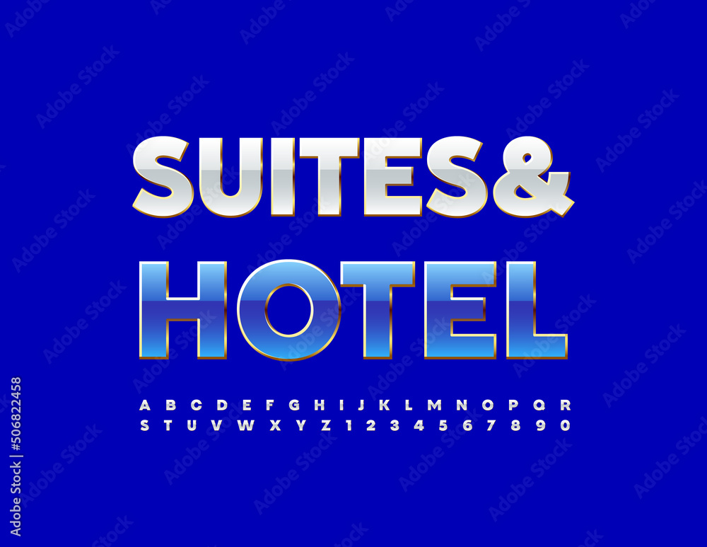 Vector elite banner Suites and Hotel. White and Gold glossy Font. Elegant Alphabet Letters and Numbers set Vector elite banner Suites and Hotel. White and Gold glossy Font. Elegant Alphabet Letters and Numbers set