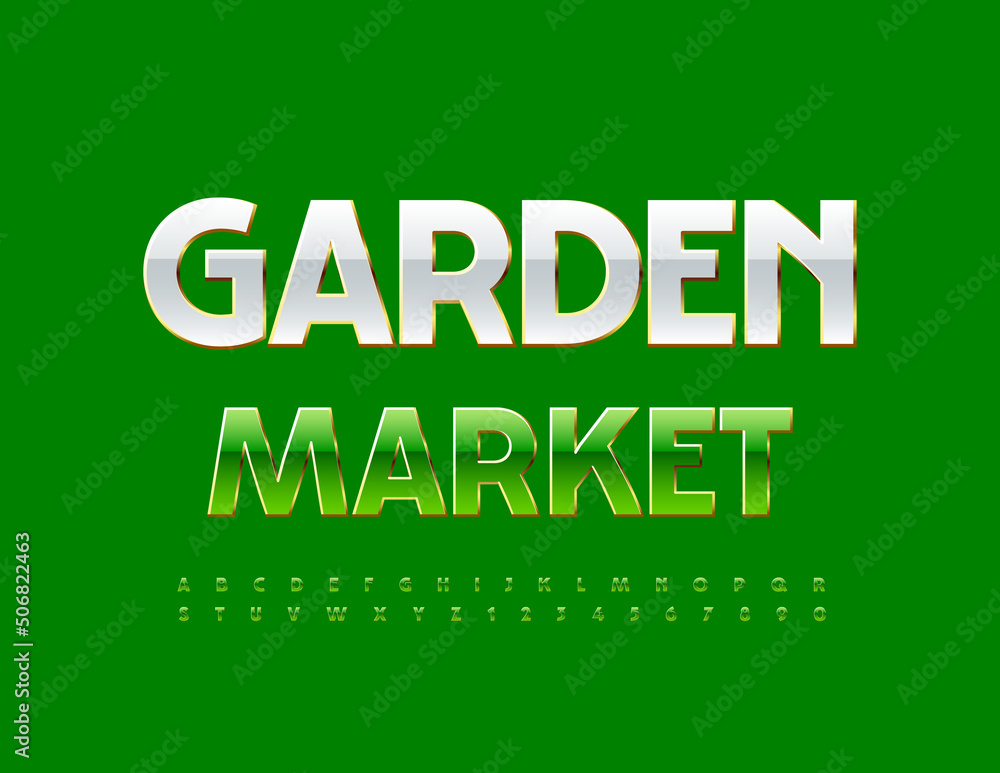 Vector stylish Signboard Garden Market. Elegant Green Font. Artistic Alphabet Letters and Numbers set Vector stylish Signboard Garden Market. Elegant Green Font. Artistic Alphabet Letters and Numbers set