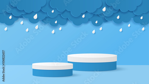 Paper cut of monsoon season with white and blue color cylinder podium for products display presentation with clouds, raindrops. Vector illustration
