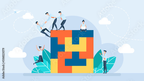 Tiny characters build business blocks. An orderly system, structure. Conceptual planning, teamwork, business support, building. Business illustration for UI, mobile app, web. Flat design vector