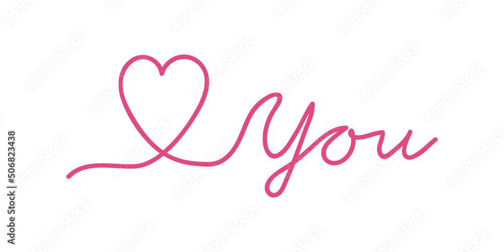 Continuous line of love you icon. Word calligraphy symbol. Sign heart  letter vector.