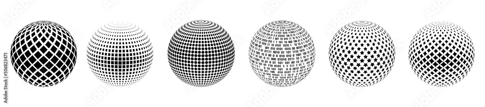 Set of sphere icons made geometric shapes. Texture circles, squares, rhombuses, stars, numbers. Rings lines. Binary system. Symbols technology, business, medicine, websites, presentations. Vector Set of sphere icons made geometric shapes. Texture circles, squares, rhombuses, stars, numbers. Rings lines. Binary system. Symbols technology, business, medicine, websites, presentations. Vector