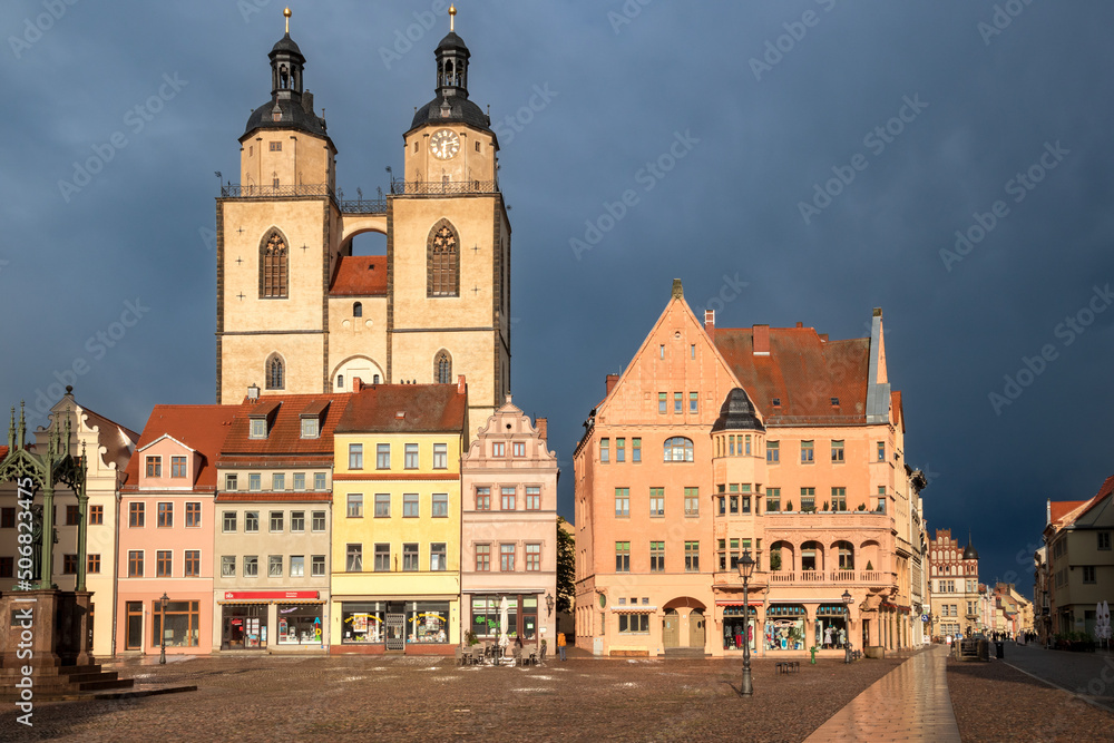 View on the market square with town hall and Stadtkirche Wittenberg in Lutherstadt Wittenberg city, Saxeny-Anhalt. Wittenberg, Germany