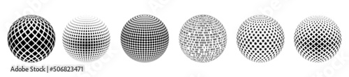 Set of sphere icons made geometric shapes. Texture  circles, squares, rhombuses, stars, numbers. Rings lines. Binary system. Symbols technology, business, medicine, websites, presentations. Vector 