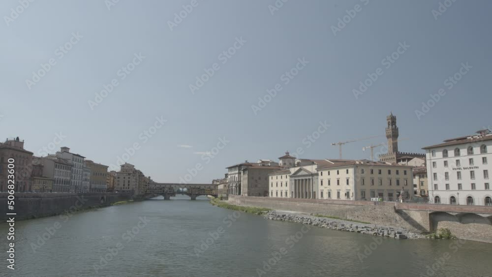 Wide Shot of Ponte vecchio and Arno river in Florence - Lockdown in Italy Wide Shot of Ponte vecchio and Arno river in Florence - Lockdown in Italy