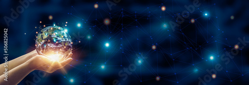 abstract science Circular global network connection on night sky background. future technology concept.Element of this image furnished by NASA