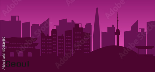 Silhouette of Seoul. Cityscape with buildings.  Vector silhouette illustration.