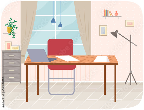 Empty office workplace interior design. Business objects, vector elements and equipment. Modern office with furniture, laptop on table, chairs, workspace at home or office premice without employees