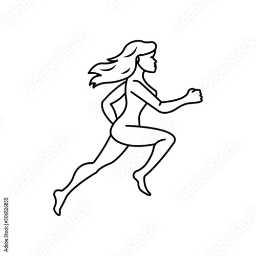 Realistic running naked woman outline black icon. Fit symbol. Movement, sport concept. Trendy flat silhouette, sign isolated on white for: illustration, logo, app, design, web, dev, ui. Vector EPS 10