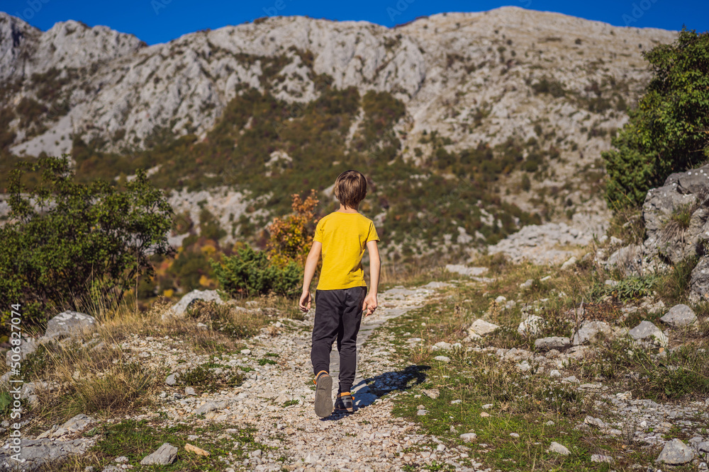 A boy walks in autumn Montenegro. Beautiful autumn view on the yellow trees, Montenegro A boy walks in autumn Montenegro. Beautiful autumn view on the yellow trees, Montenegro