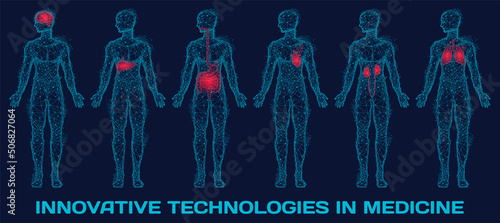 Set of polygonal human bodies with painful areas. Medical research of body, innovative technologies in medicine concept. Anatomy, diagnostics of organ systems. Human profile modern 3D volumetric image