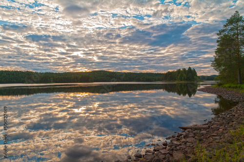 A beautiful reflection of the evening sky in the river.