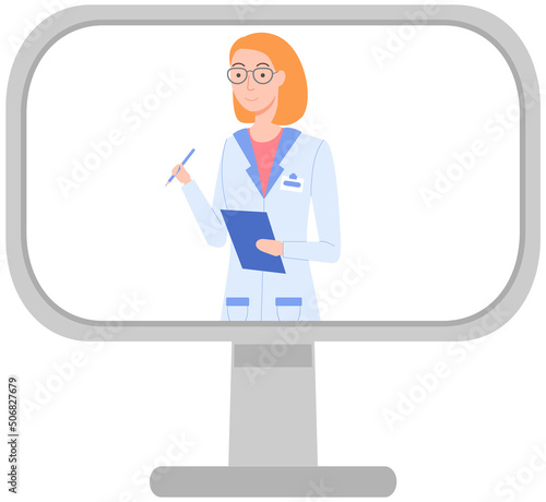 Online medical advice or consultation service with female doctor on computer screen. Monitor with female therapist conducts lecture for physicians. Ask doctor, tele medicine, cardiology, healthcare