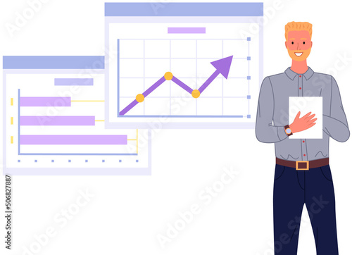 Analytics information and development statistics. Web analysis measure, product testing technology. Man analyses dashboard seo optimization, digital report. Statistical indicators and data on diagram