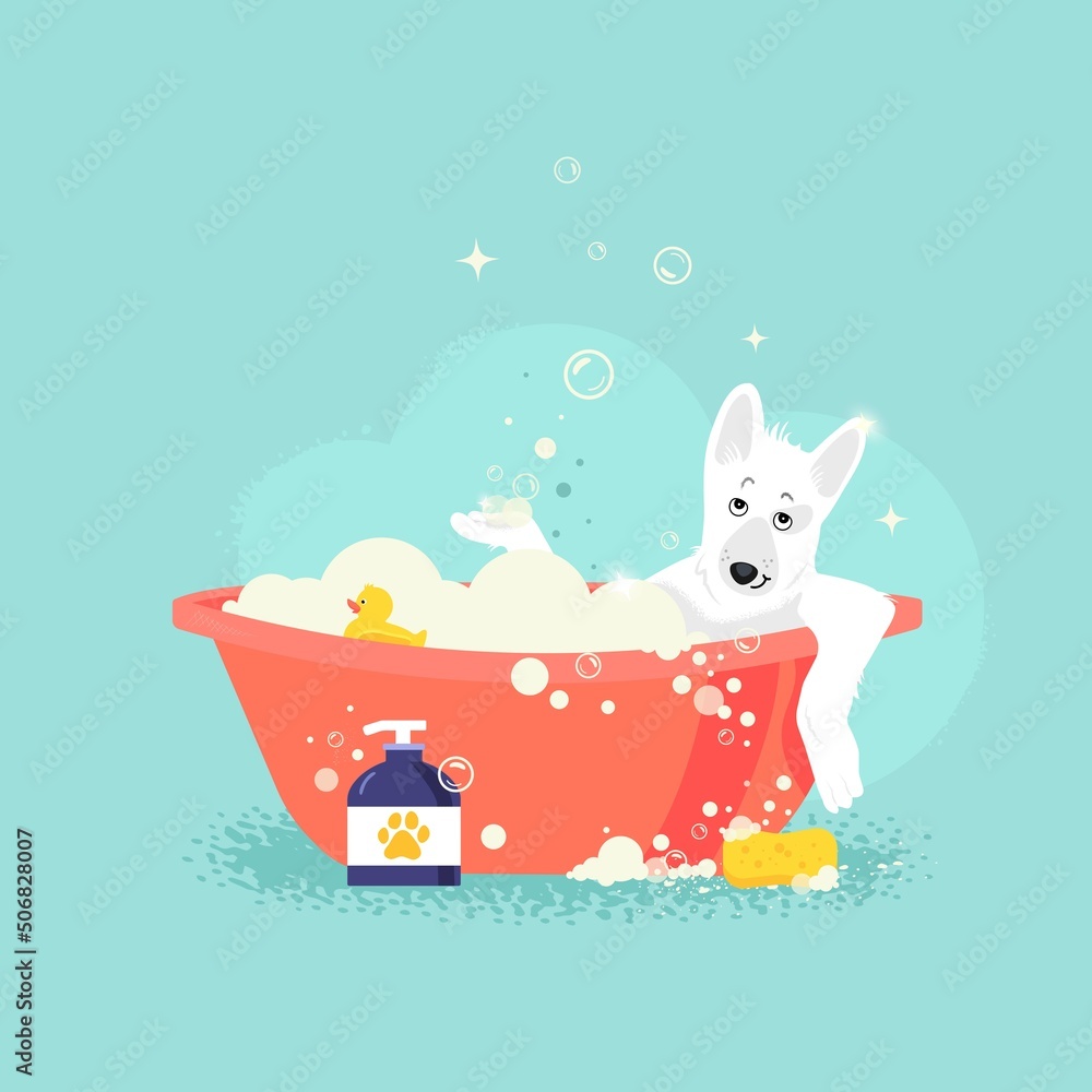 Vector cartoon style illustration of a cute Dog taking a Bath full of ...