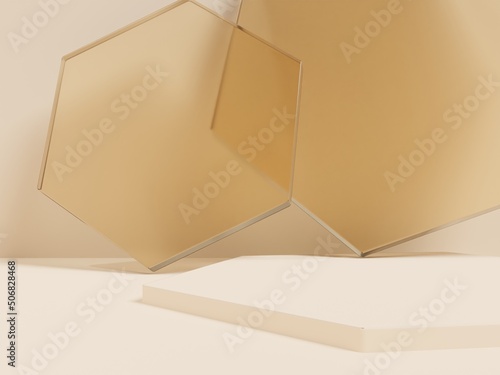 3D Rendering Honey Comb Shape Acrylic Glass Product Display Background for Honey Healthcare and Skincare Products.	
