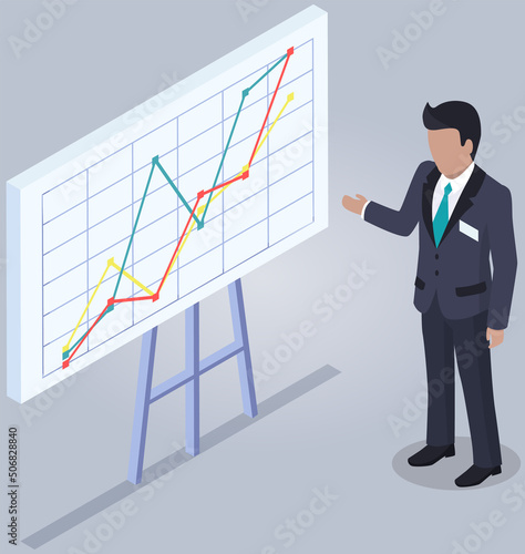 Analytics information and development statistics. Web analysis measure, product testing technology. Man analyses dashboard seo optimization, digital report. Statistical indicators and data on diagram