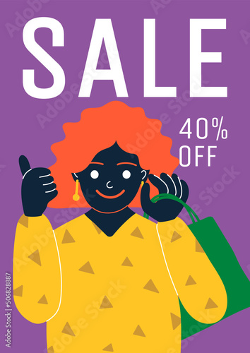 Sale banner in flat style. 40% discount. A woman holds a shopping bag and shows class. Vector illustration.