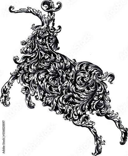 Wood print engraving style illustration of a goat. Animal made out of floral patterns and leafy ornaments. Suitable for tattoo designs.