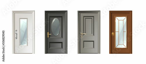 3d realistic vector icon set. Front door entrance collection in different styles. Modern entrance, exit of the house.