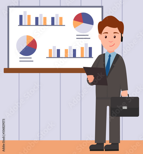 Analytics information and development statistics. Web analysis measure, product testing technology. Man analyses dashboard seo optimization, digital report. Statistical indicators and data on diagram