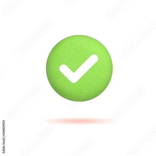 3d check mark icon, realistic green tick button isolated on white background. Vector illustration