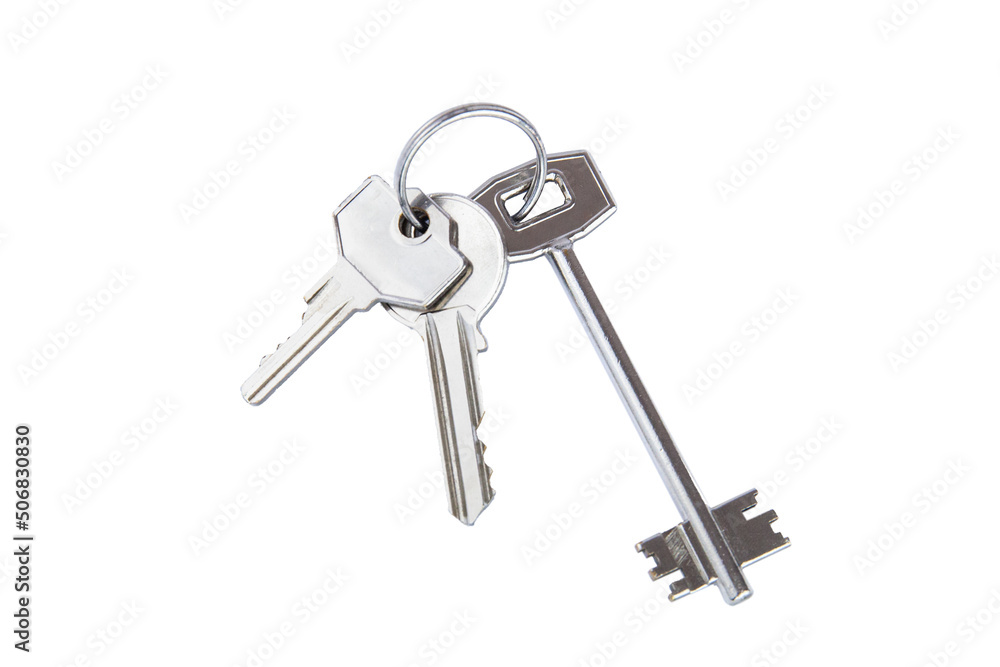 Bunch of keys isolate on white background. Metal home keys with key for island armored door