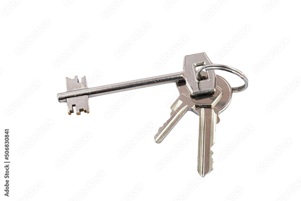 Bunch of keys isolate on white background. Metal home keys with key for island armored door Bunch of keys isolate on white background. Metal home keys with key for island armored door