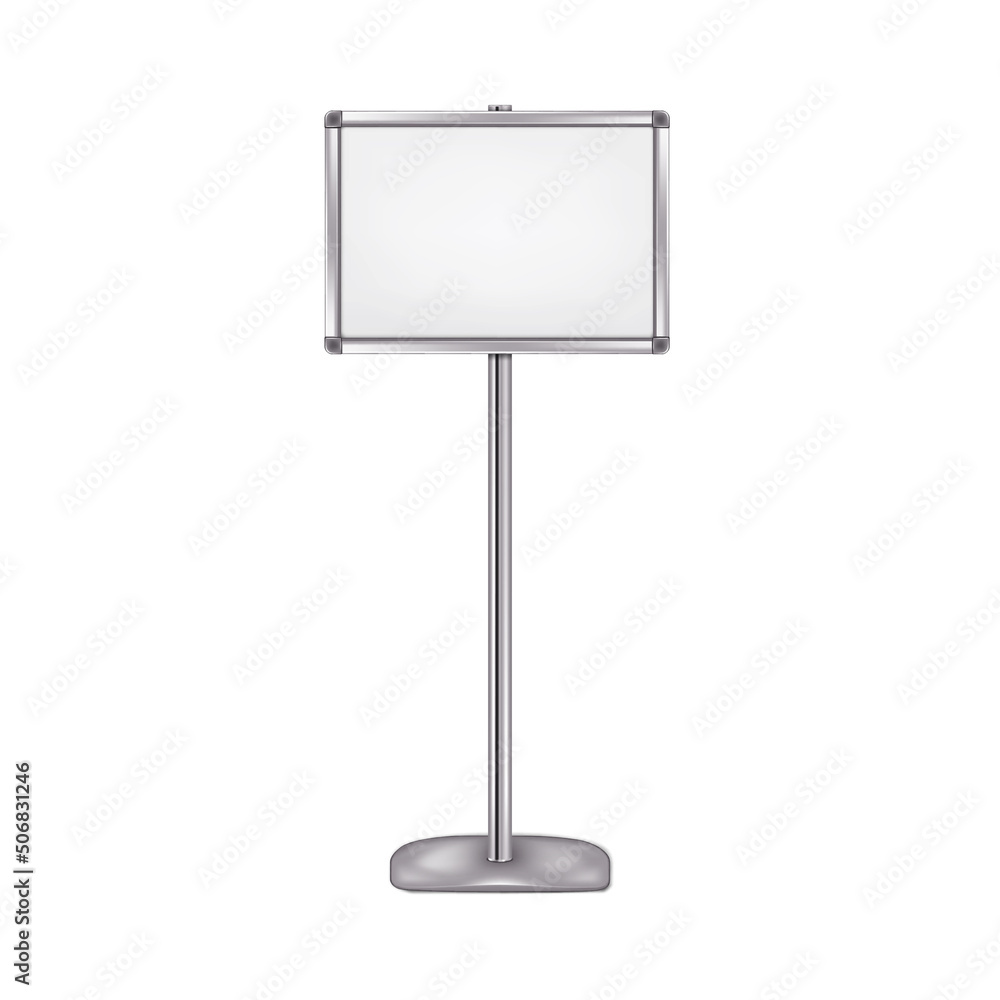 Horizontal poster frame vector mockup. Advertising floor standing display with metal base template. Blank white placard sign holder stand mock-up Horizontal poster frame vector mockup. Advertising floor standing display with metal base template. Blank white placard sign holder stand mock-up