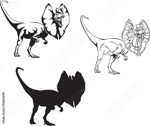 Dilophosaurus, dinosaur realistic image, vector, positions, illustration, black and white, silhouette, logo, trademark, chevron for decoration and design, packaging and posters