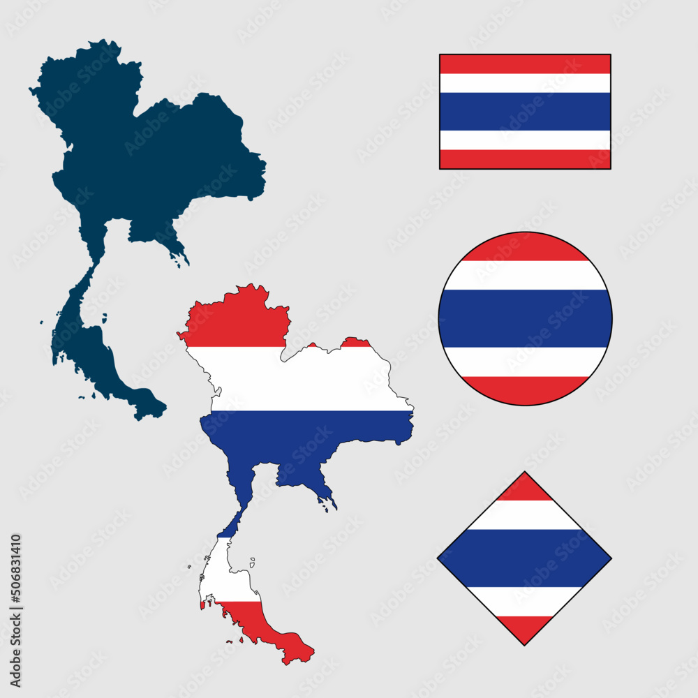 Obraz premium Vector of Thailand map flag with flag set isolated on white background. Collection of Thailand flag icons with square, circle, rectangle and map shapes.