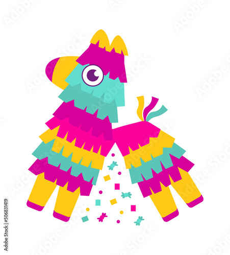 Mexican pinata. Children Birthday Party colorful toy with treats. Vector illustration