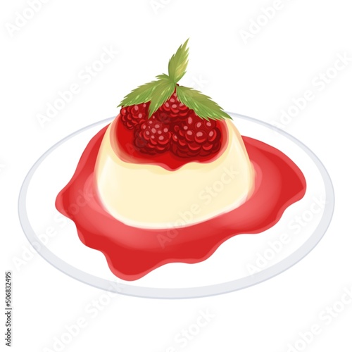 Illustration famous Italian cuisine dessert Panna Cotta with berry sauce in delicate red pink coral and green tones on a plate