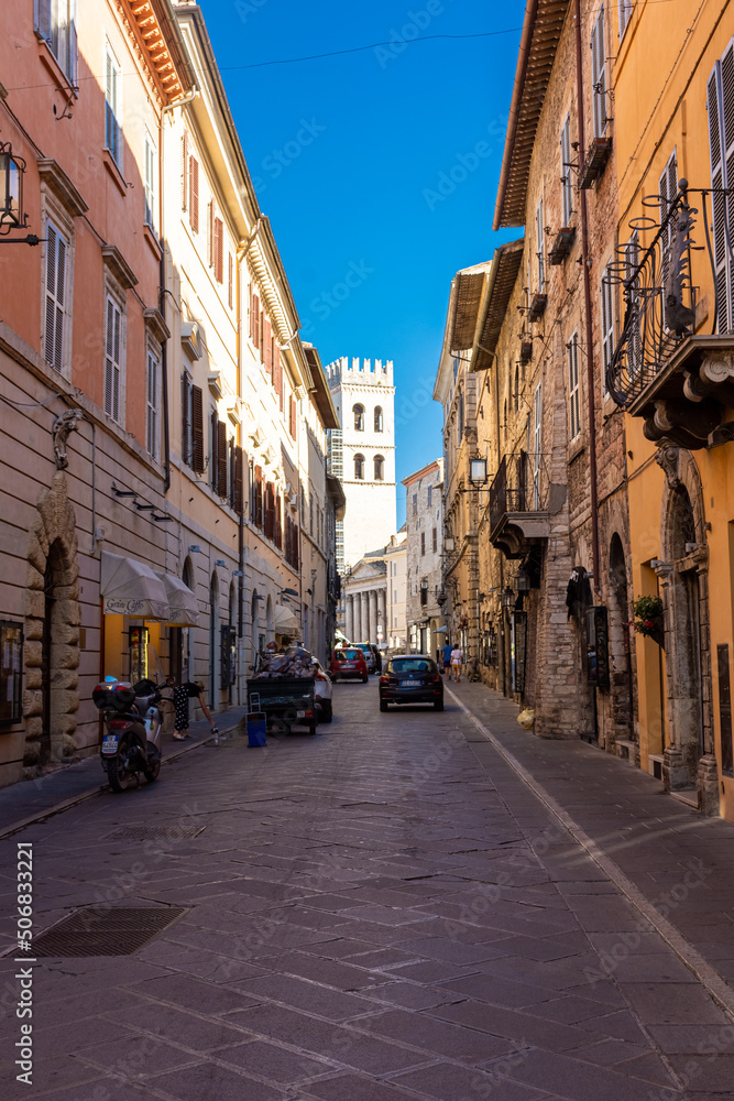 ASSISI, ITALY, 6 AUGUST 2021: Ancient street in the historic center