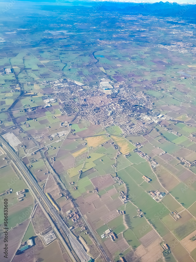 Aerial  view of the countryside in Lombardy, Italy