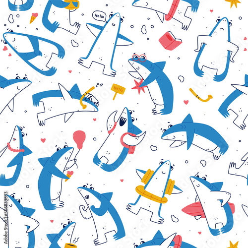 Cute Blue Shark as Sea Animal Living Underwater Seamless Pattern Vector Template