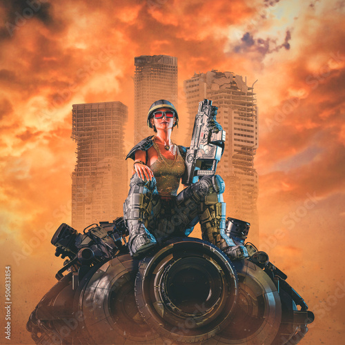 Принти на полотні Cyberpunk soldier girl desert war - 3D illustration of science fiction military