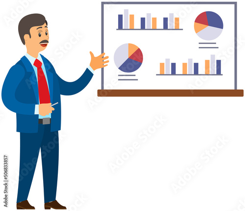 Analytics information and development statistics. Web analysis measure, product testing technology. Man analyses dashboard seo optimization, digital report. Statistical indicators and data on diagram