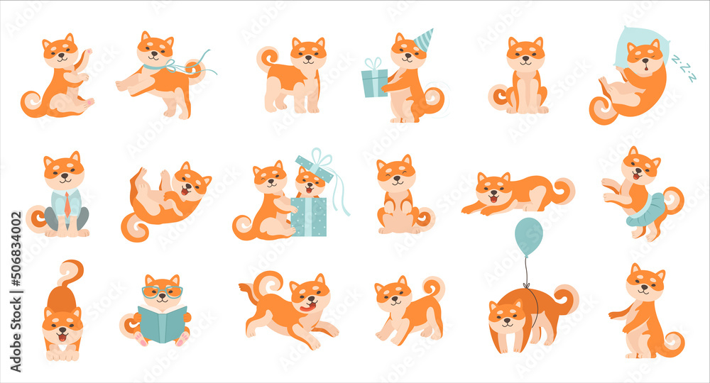Cute Shiba Inu Dog Character with Curly Tail Engaged in Different Activity Vector Set - obrazy, fototapety, plakaty 