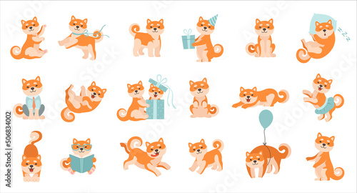 Cute Shiba Inu Dog Character with Curly Tail Engaged in Different Activity Vector Set